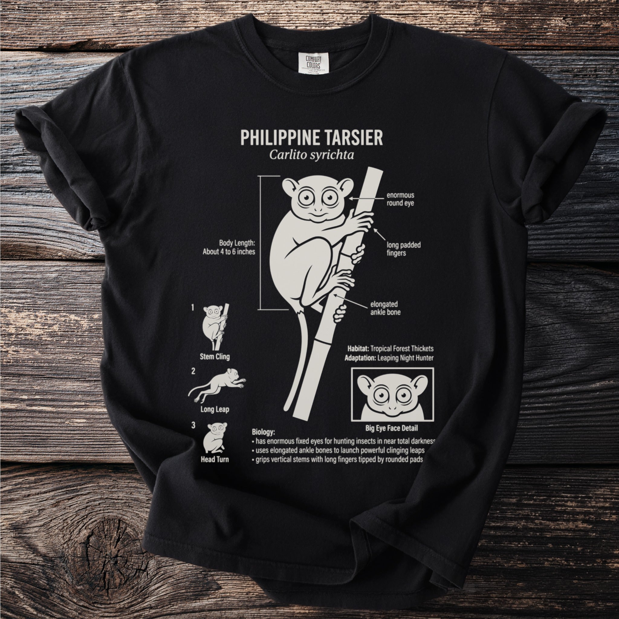 Philippine Tarsier Carlito syrichta infographic on black t-shirt.
