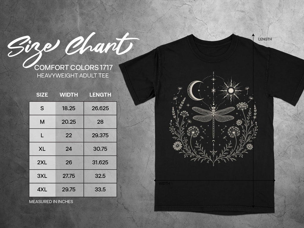 Comfort Colors 1717 heavyweight adult tee size chart with detailed measurements.
