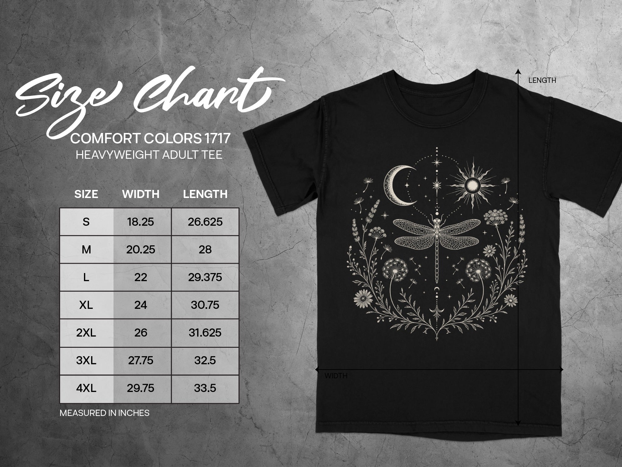 Comfort Colors 1717 heavyweight adult tee size chart with detailed measurements.