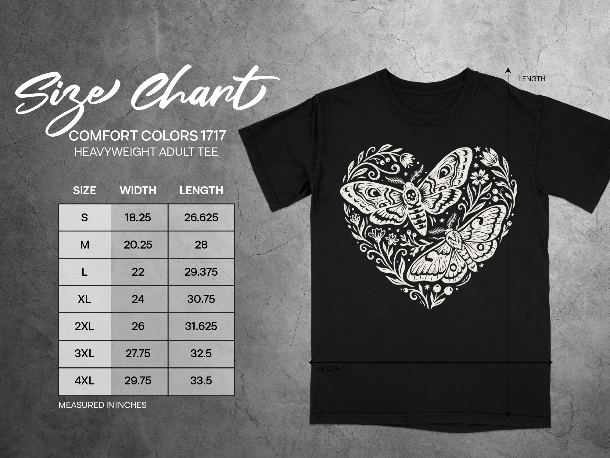 Comfort Colors 1717 heavyweight adult tee size chart with width and length measurements.