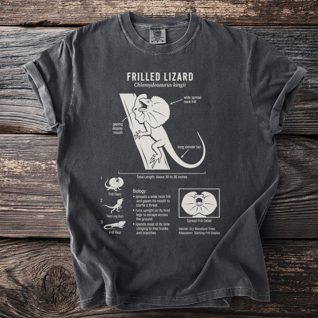 Frilled Lizard diagram with scientific details on a dark grey t-shirt.
