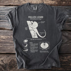 Frilled Lizard diagram with scientific details on a dark grey t-shirt.