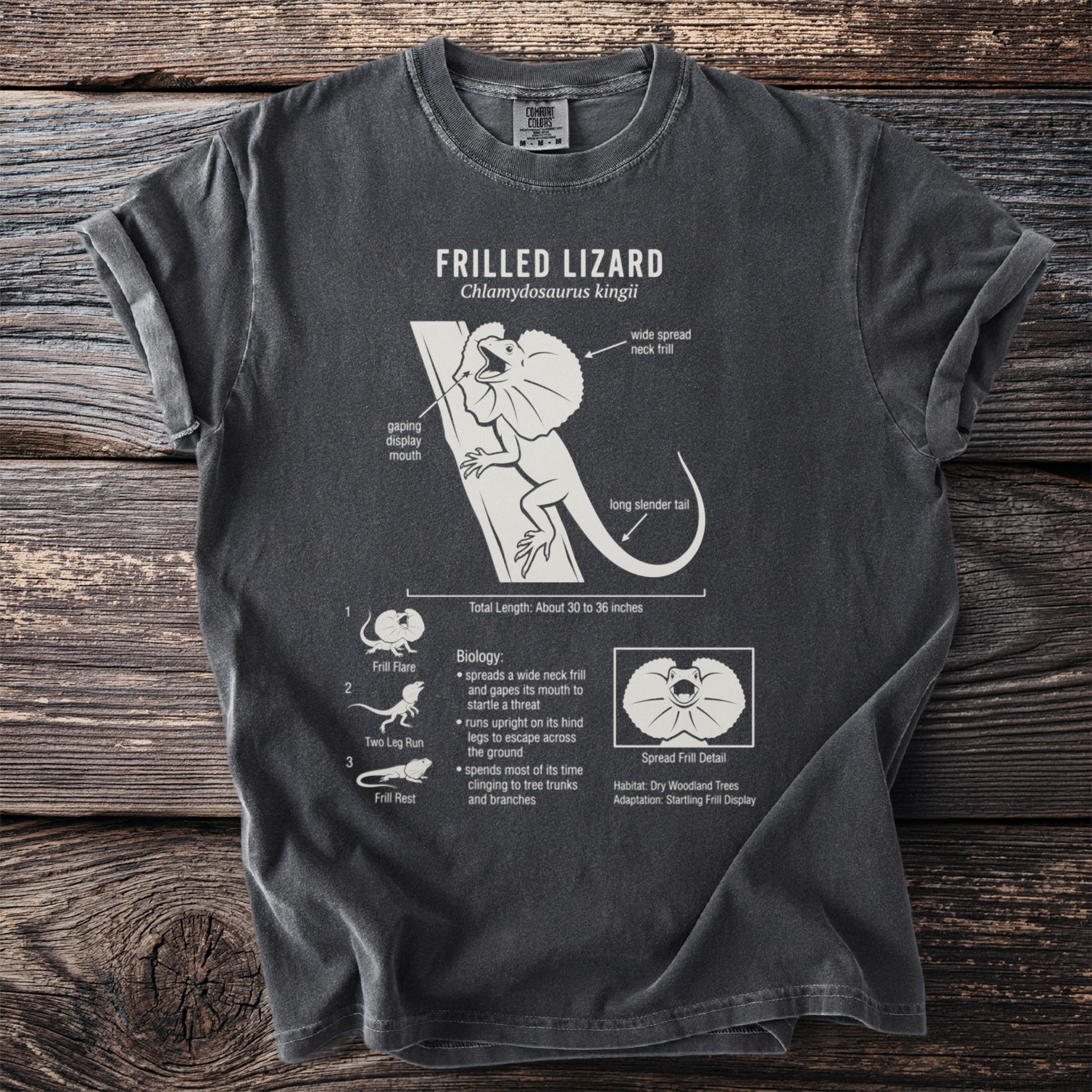 Frilled Lizard diagram with scientific details on a dark grey t-shirt.