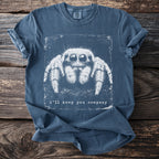 Blue t-shirt with a white graphic of a spider and the text "i'll keep you company."