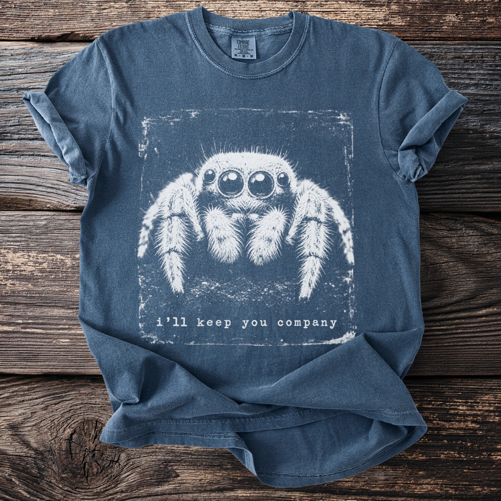 Blue t-shirt with a white graphic of a spider and the text "i'll keep you company."