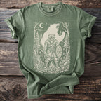 T-shirt with Viking warrior and bear in forest with runes and moon.