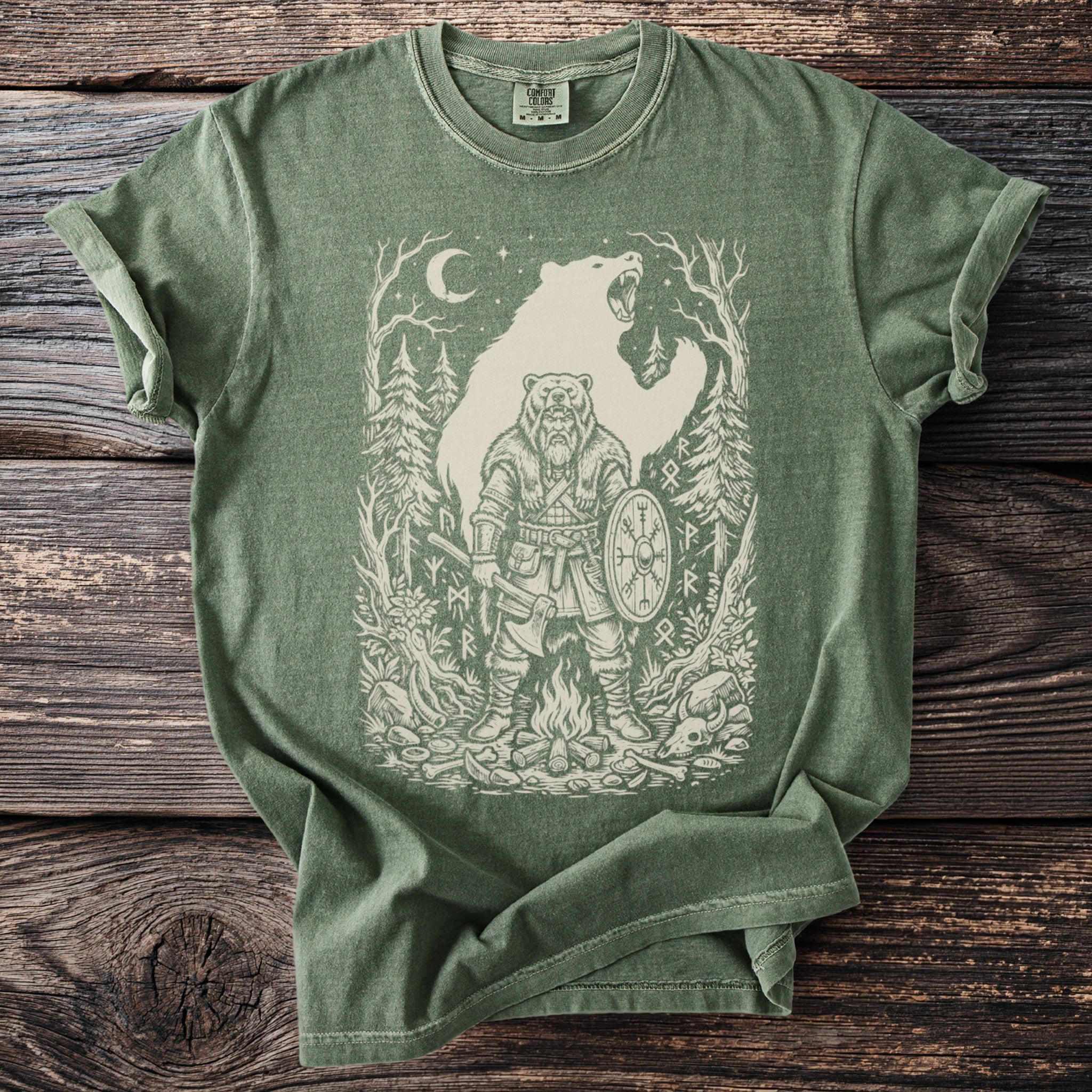 T-shirt with Viking warrior and bear in forest with runes and moon.