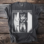 Dark grey t-shirt with "emotionally unavailable" and a werewolf graphic.