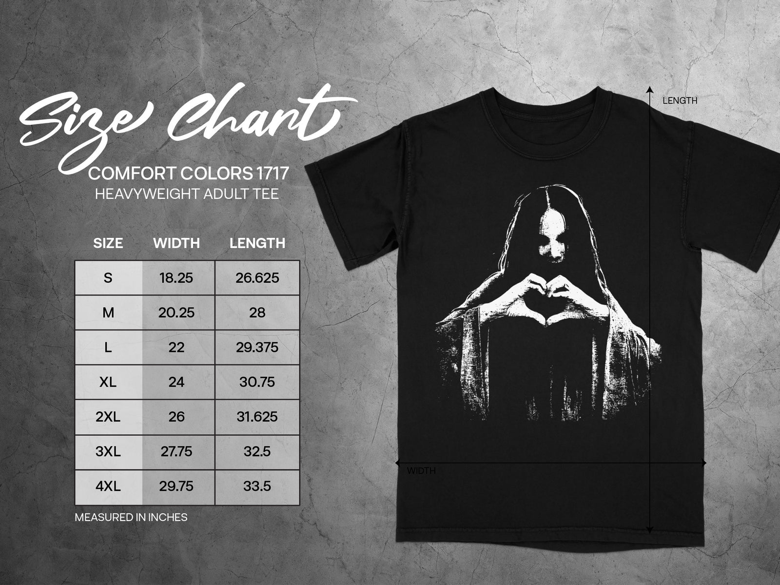 Comfort Colors 1717 heavyweight adult tee size chart with width and length measurements in inches.