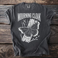 Dark gray t-shirt with "Mourning Cloak" text and a butterfly on a tree trunk.