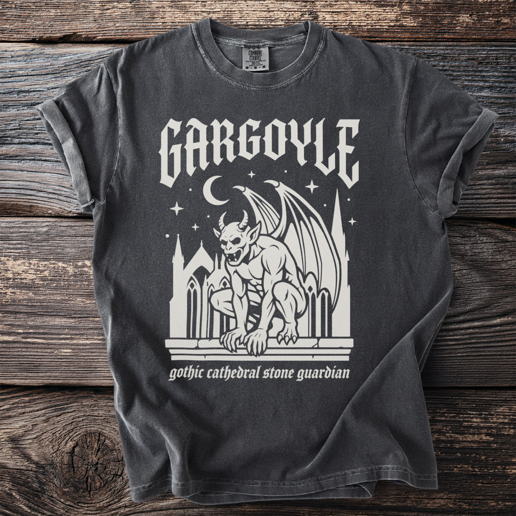 Dark charcoal t-shirt with white gothic gargoyle design and text "gothic cathedral stone guardian".