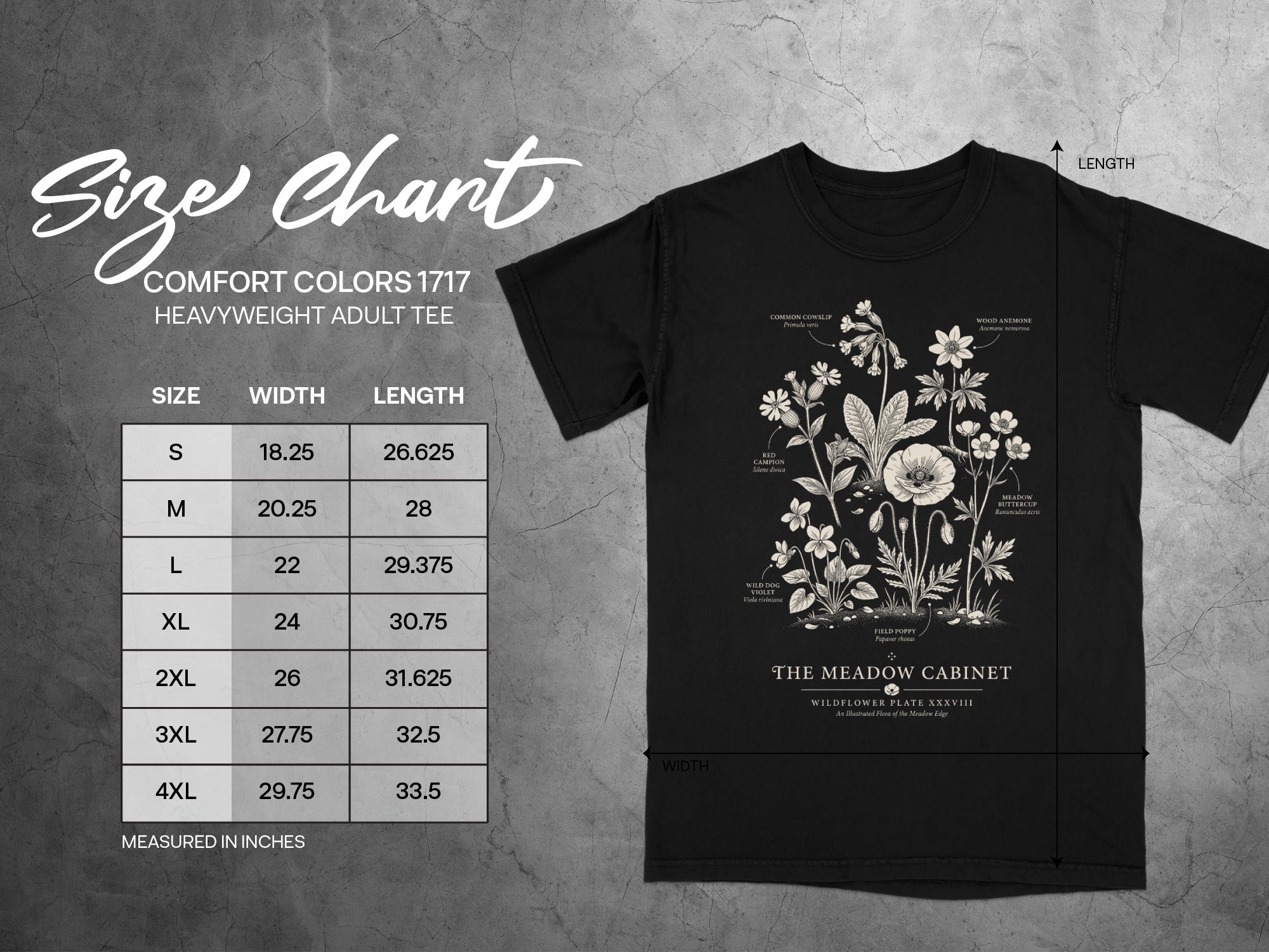 Comfort Colors 1717 heavyweight adult tee size chart with wildflower illustration.