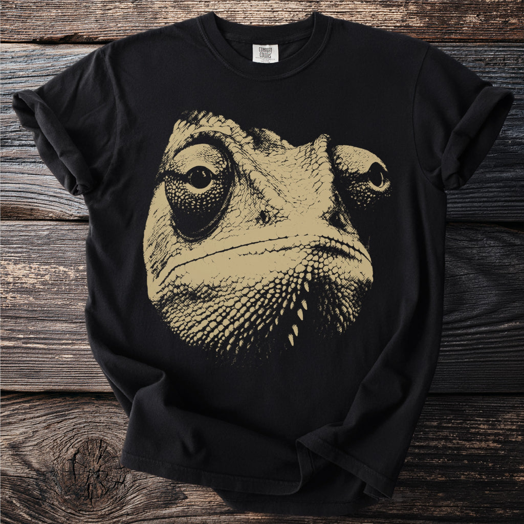 Black t-shirt with a tan chameleon face illustration and Comfort Colors logo.
