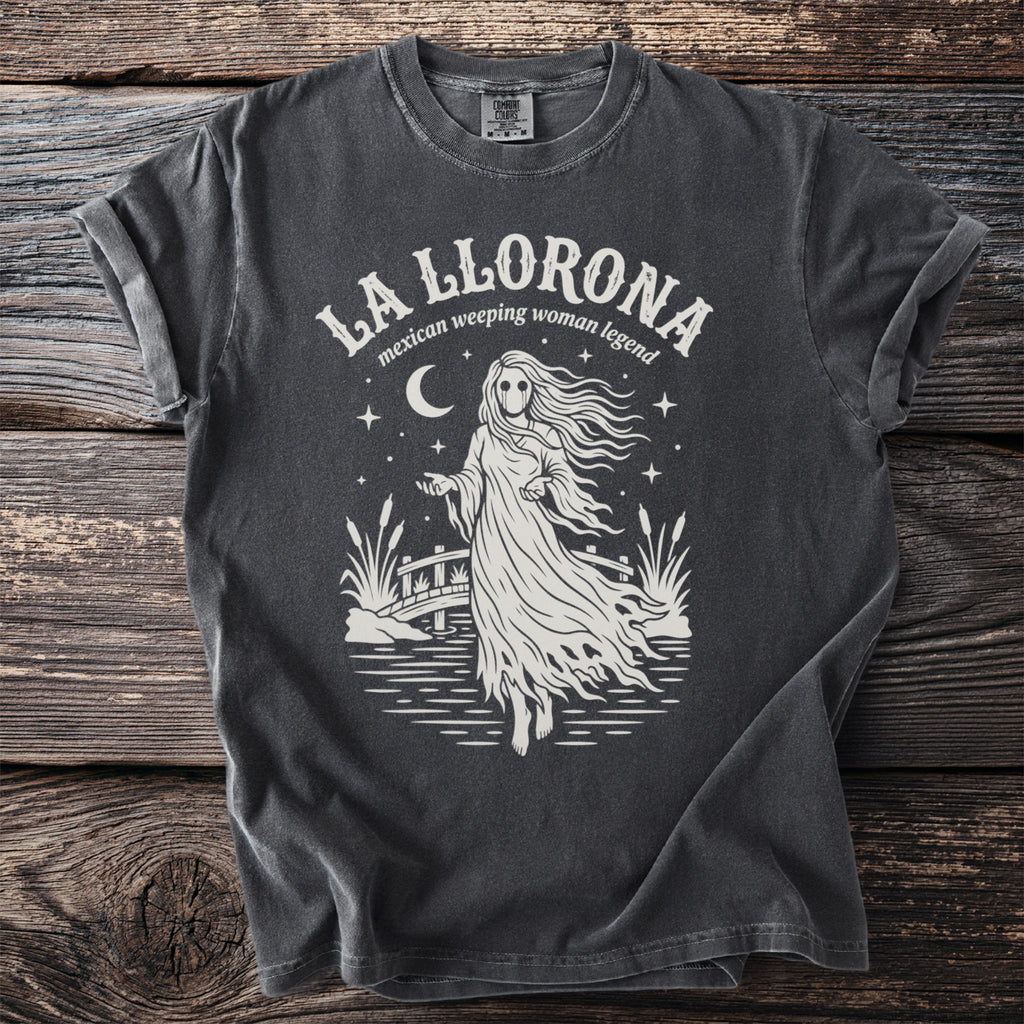 T-shirt with La Llorona, the weeping woman legend, ghost design.
