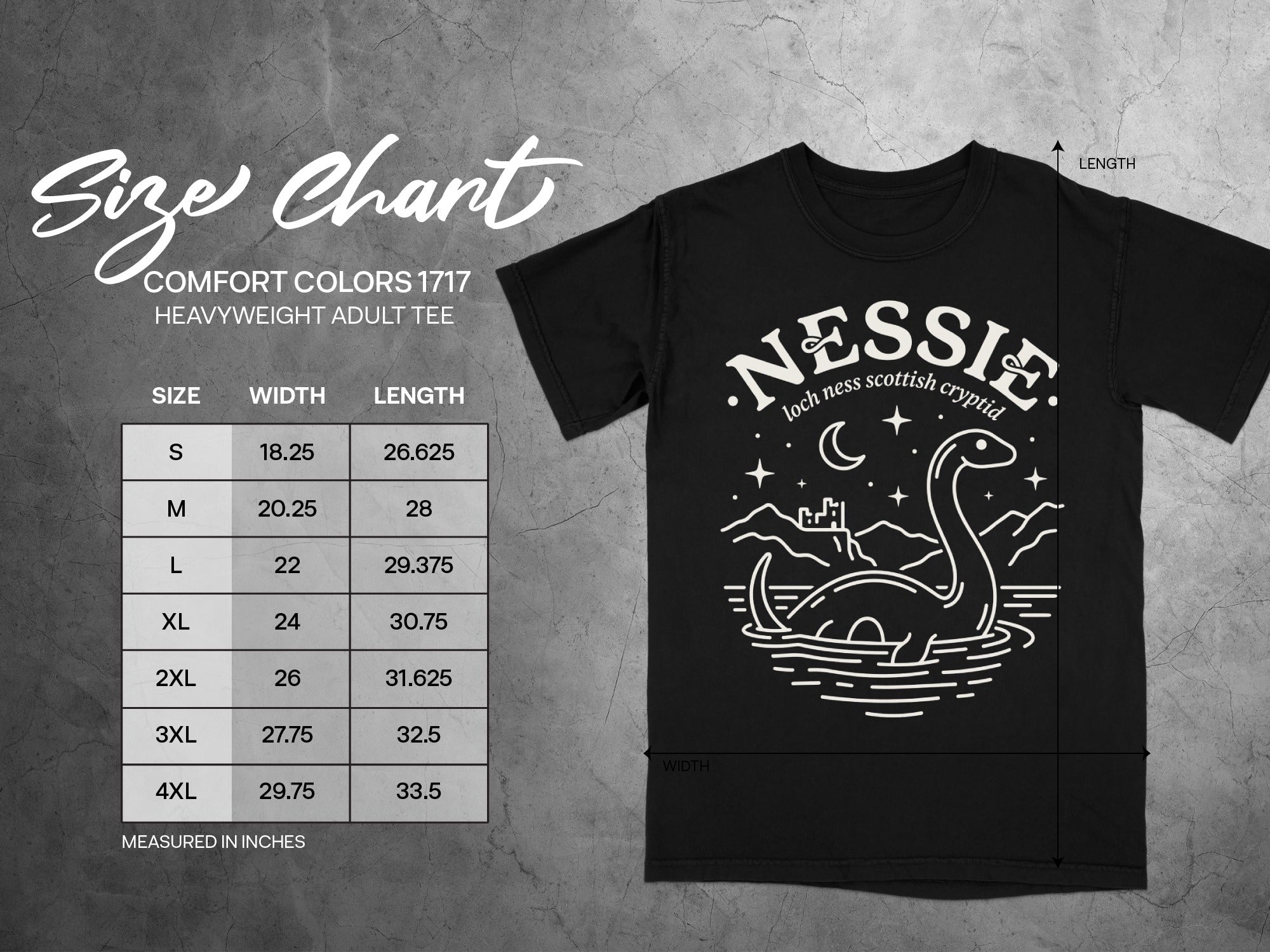 Size chart for black Comfort Colors 1717 heavyweight adult tee with Nessie graphic.