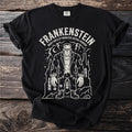 Black t-shirt with white Frankenstein monster and "Frankenstein Mary Shelley Monster Gothic Horror" text.