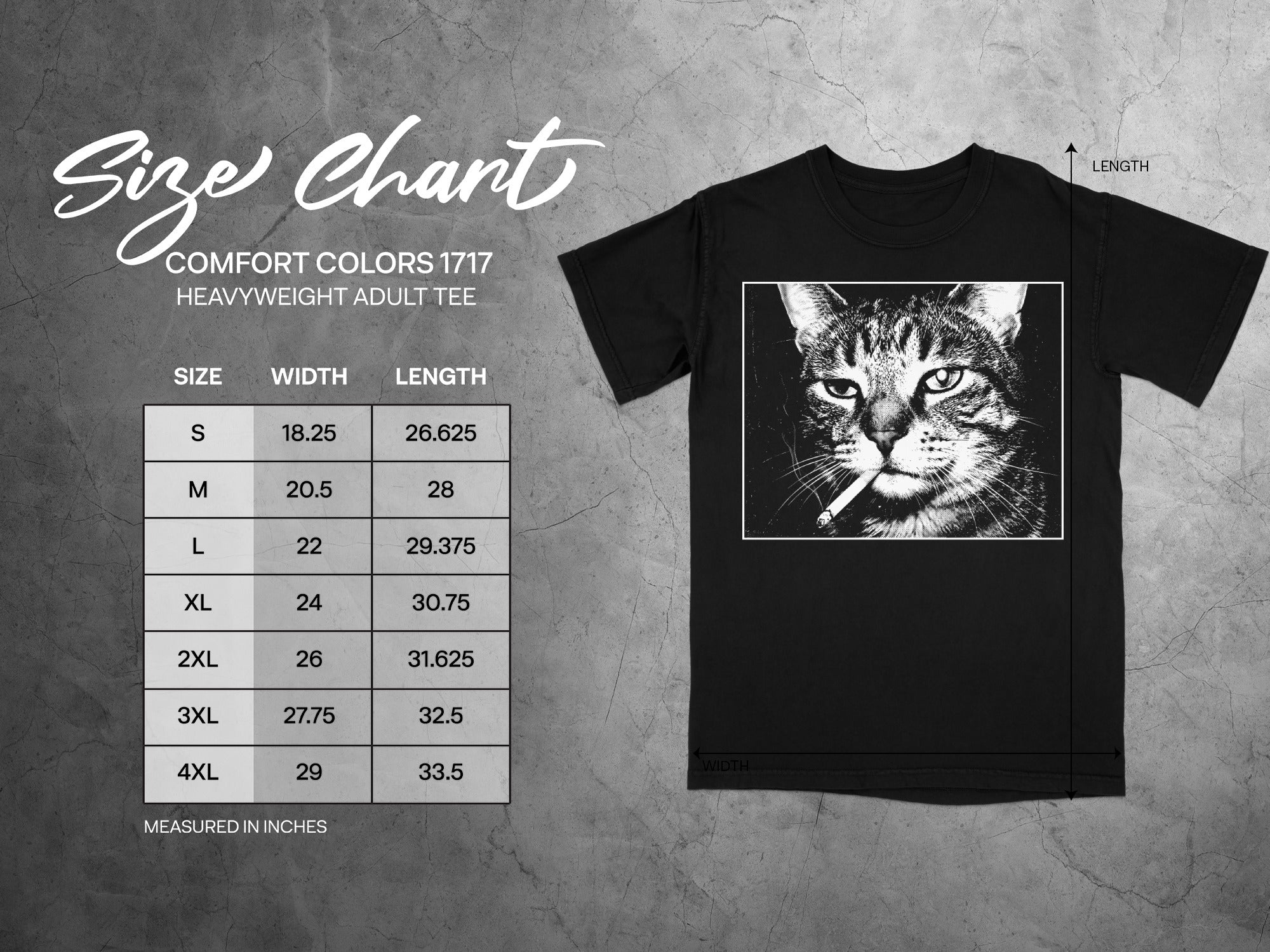 Comfort Colors 1717 garment size chart in inches.