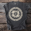 Dark grey t-shirt with a circular Nordic knotwork design featuring a boar and deer around a compass rose.