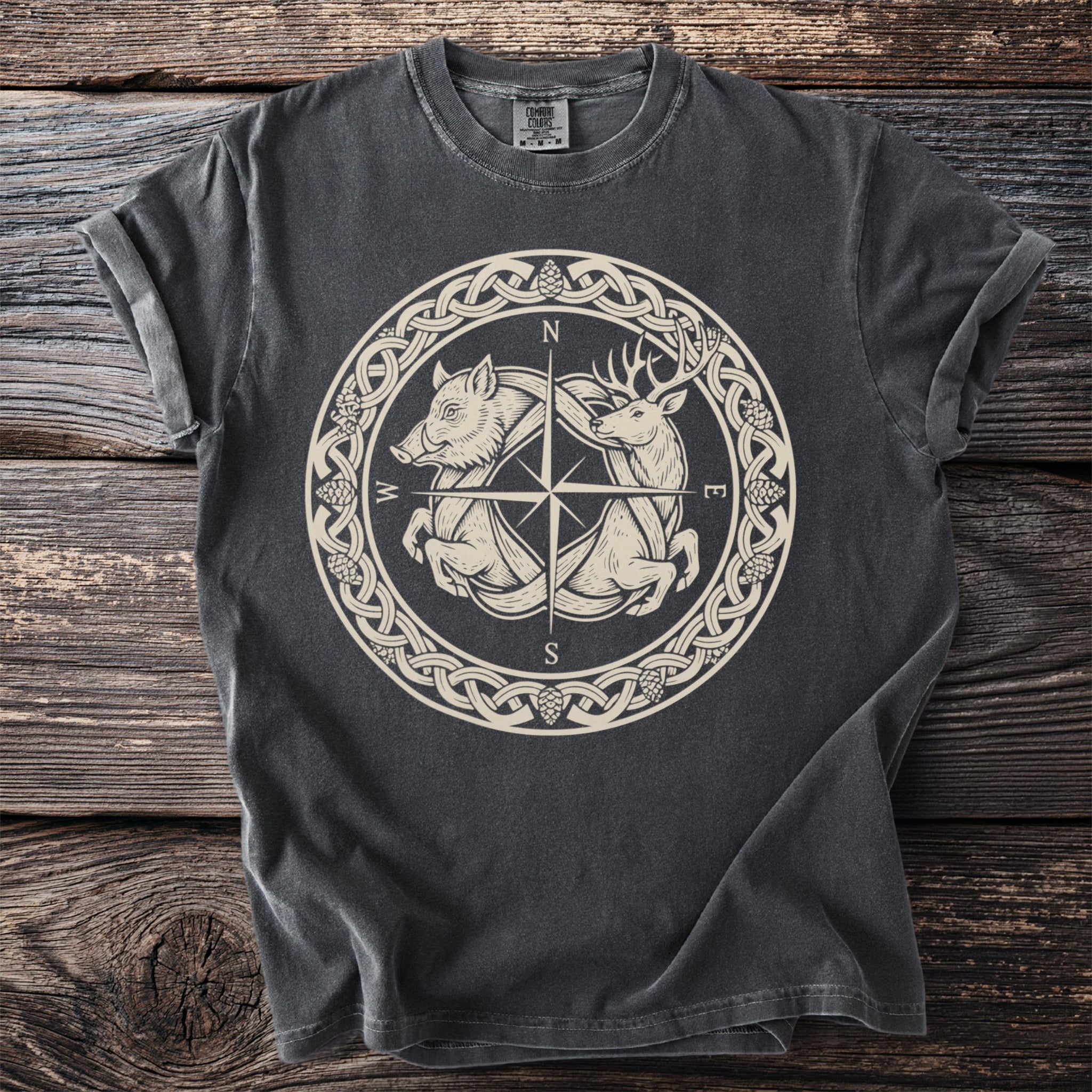 Dark grey t-shirt with a circular Nordic knotwork design featuring a boar and deer around a compass rose.