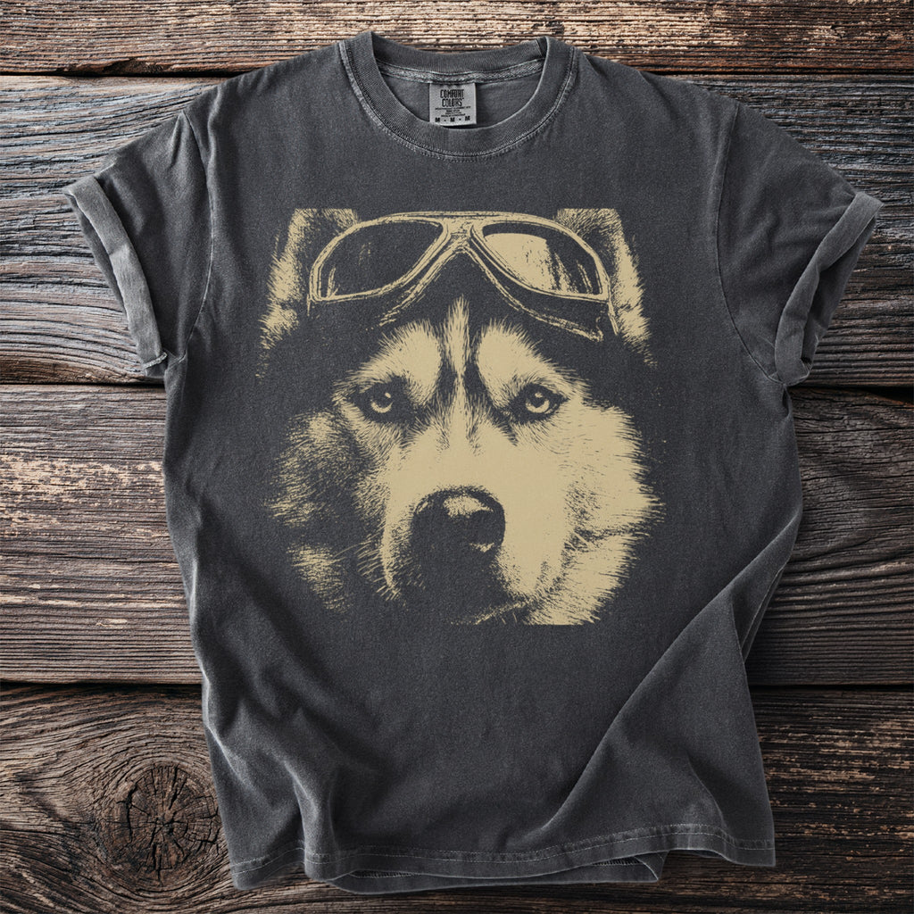 Dark grey t-shirt featuring a close-up print of a husky wearing aviator goggles.