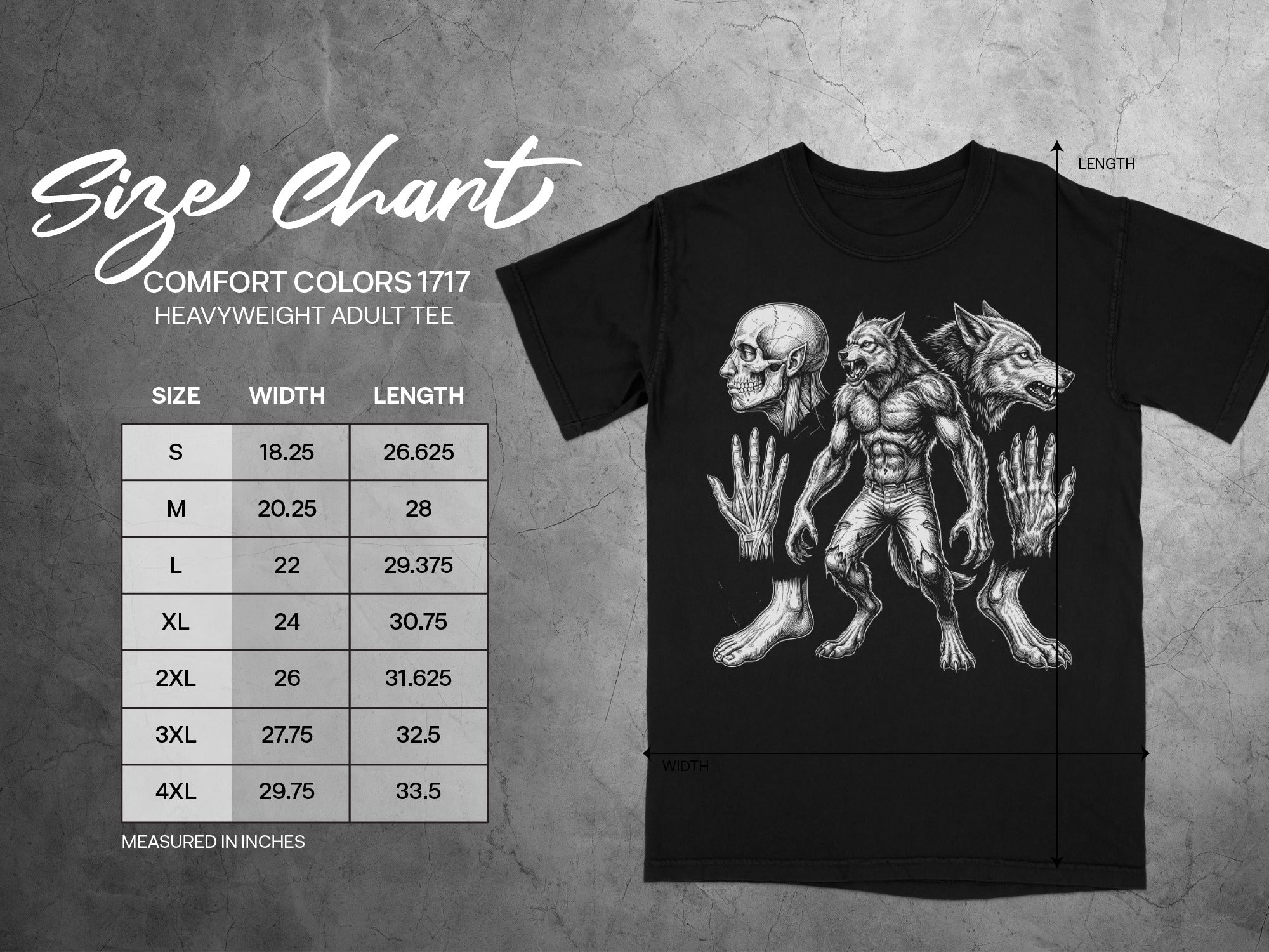 Size chart for Comfort Colors 1717 heavyweight adult tee with width and length measurements.
