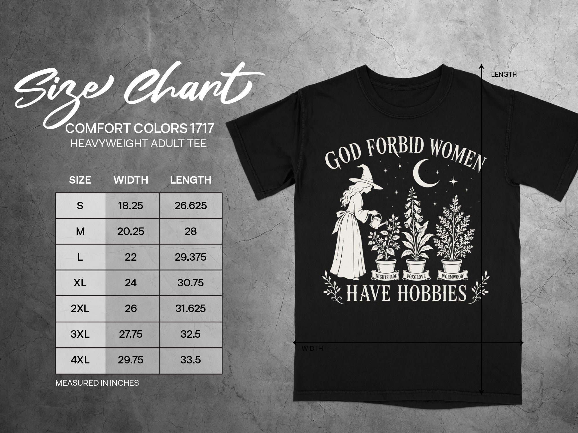 Comfort Colors 1717 t-shirt size chart with graphic of women watering potted plants labeled "Nightshade", "Foxglove", "Wormwood".