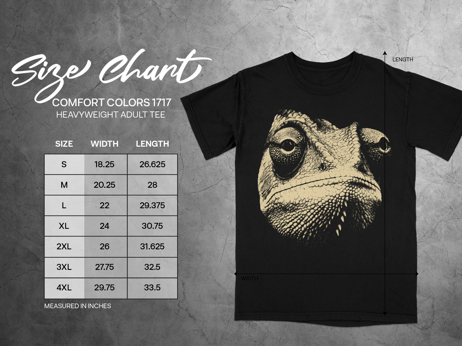 Comfort Colors 1717 heavyweight adult tee size chart showing dimensions in inches.