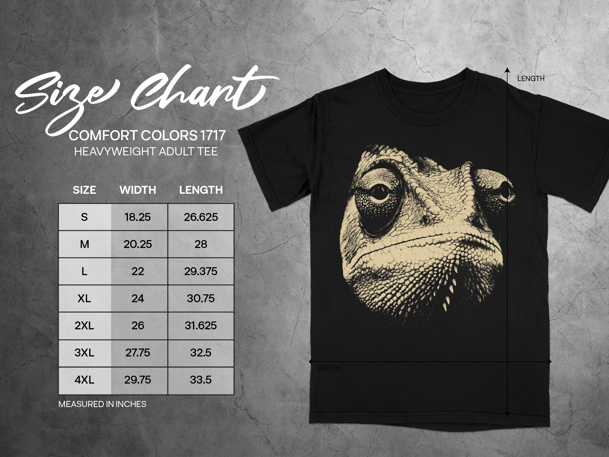 Comfort Colors 1717 heavyweight adult tee size chart showing dimensions in inches.