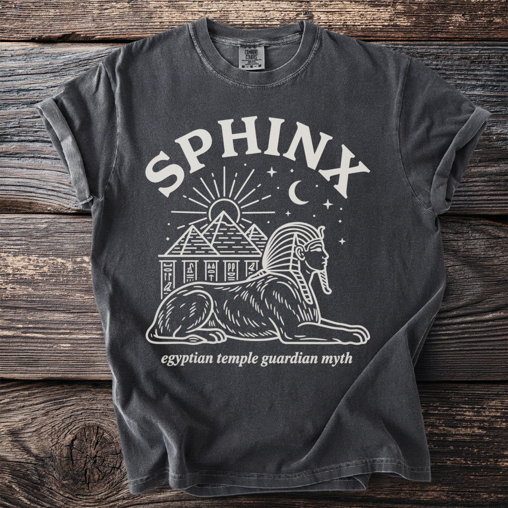 Dark grey t-shirt with "SPHINX" and Egyptian temple guardian myth design.