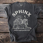 Dark grey t-shirt with "SPHINX" and Egyptian temple guardian myth design.