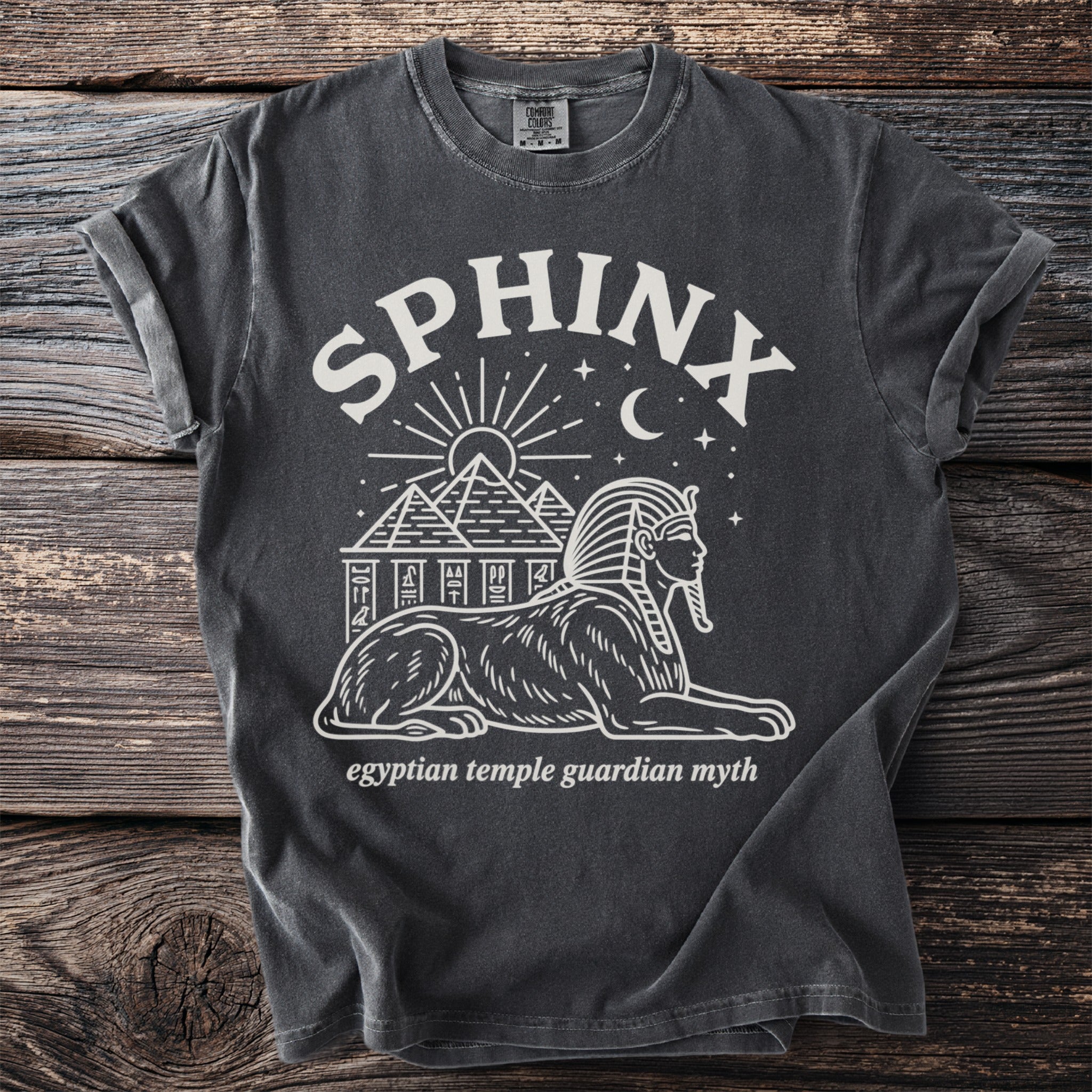 Dark grey t-shirt with "SPHINX" and Egyptian temple guardian myth design.