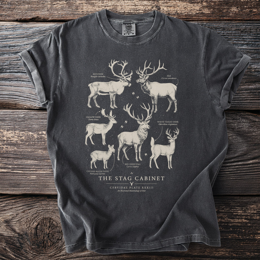 Dark grey t-shirt featuring "The Stag Cabinet" print with illustrations of six deer species.