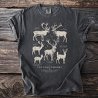 Dark grey t-shirt featuring "The Stag Cabinet" print with illustrations of six deer species.