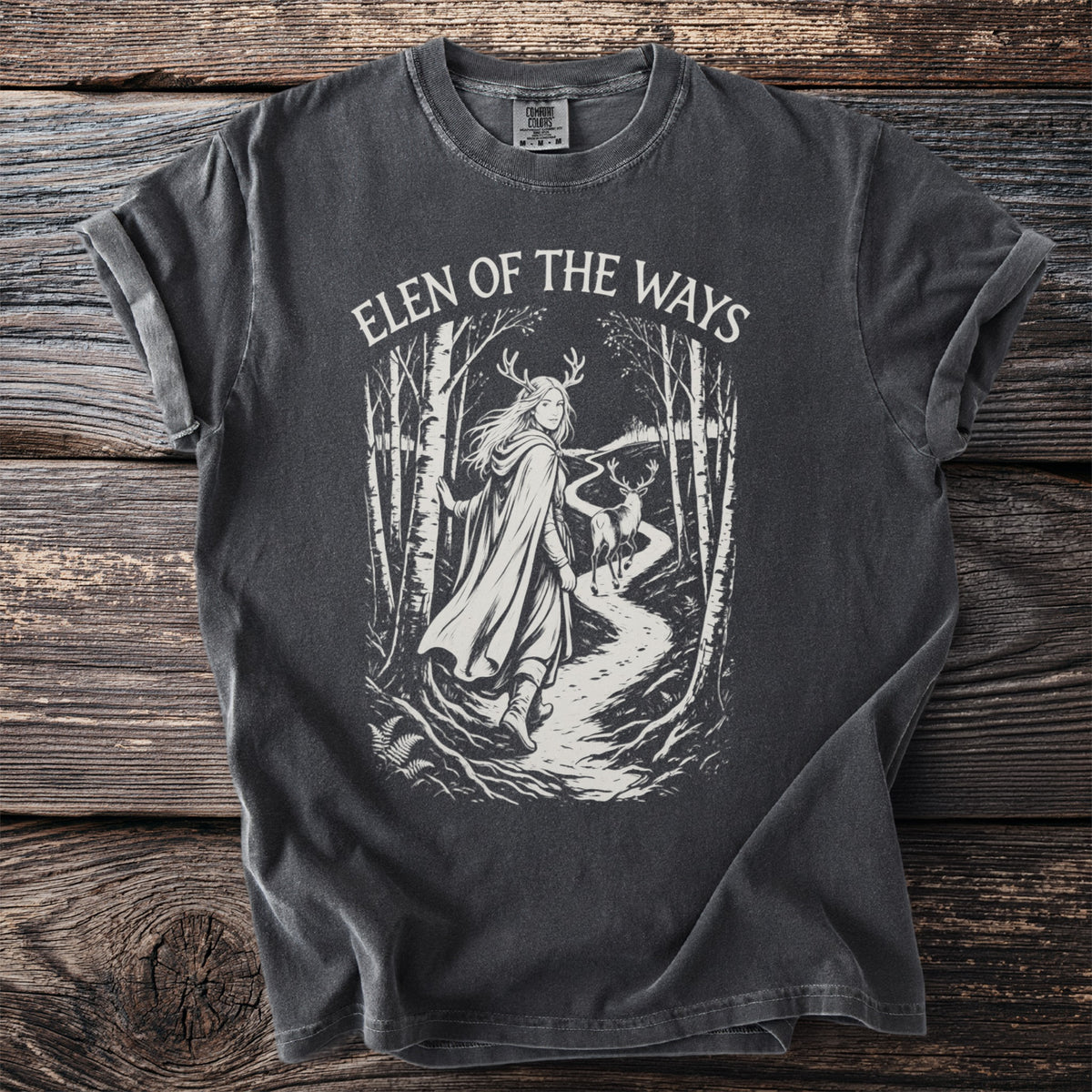 Dark t-shirt with "Elen of the Ways" text and forest graphic with deer.
