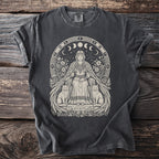 T-shirt with a Norse goddess illustration, her cats, runes, and celestial elements.