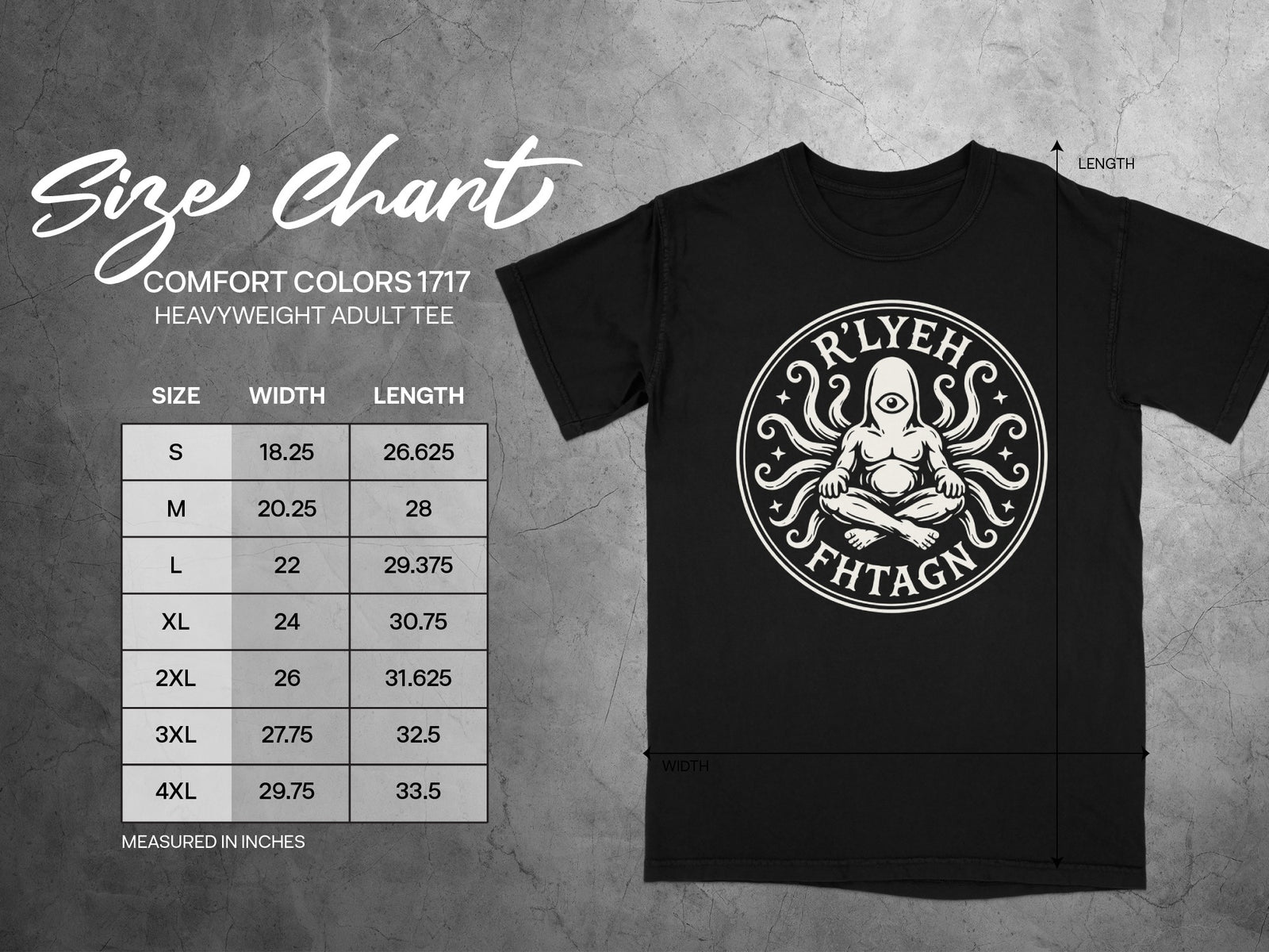 Comfort Colors 1717 heavyweight adult tee size chart with measurements.