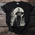 Black cat wearing witch hat with swirling smoke and bats against a moon.