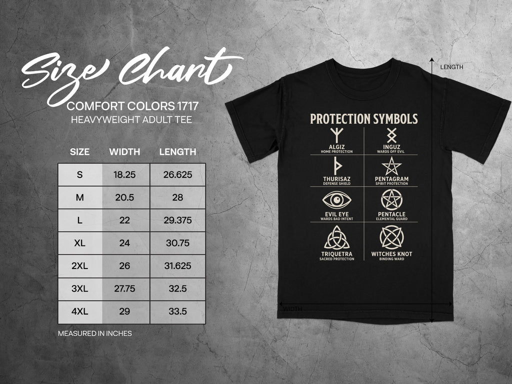 Comfort Colors 1717 heavyweight adult tee size chart and protection symbols.
