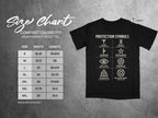 Comfort Colors 1717 heavyweight adult tee size chart and protection symbols.