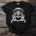 Black t-shirt with a detailed illustration of a witch making a heart shape with her hands.