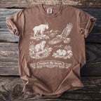 Brown t-shirt with white wildlife illustration and "respect the locals" text.