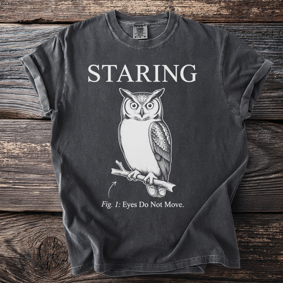 Charcoal t-shirt with "STARING" text above an owl illustration and "Fig. 1: Eyes Do Not Move."