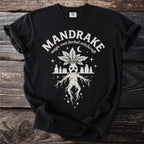 Black t-shirt with beige "Mandrake magic root herbal witchcraft" graphic.