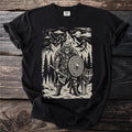Bear warrior with axe and shield beside a wolf, mountains, and eagles.