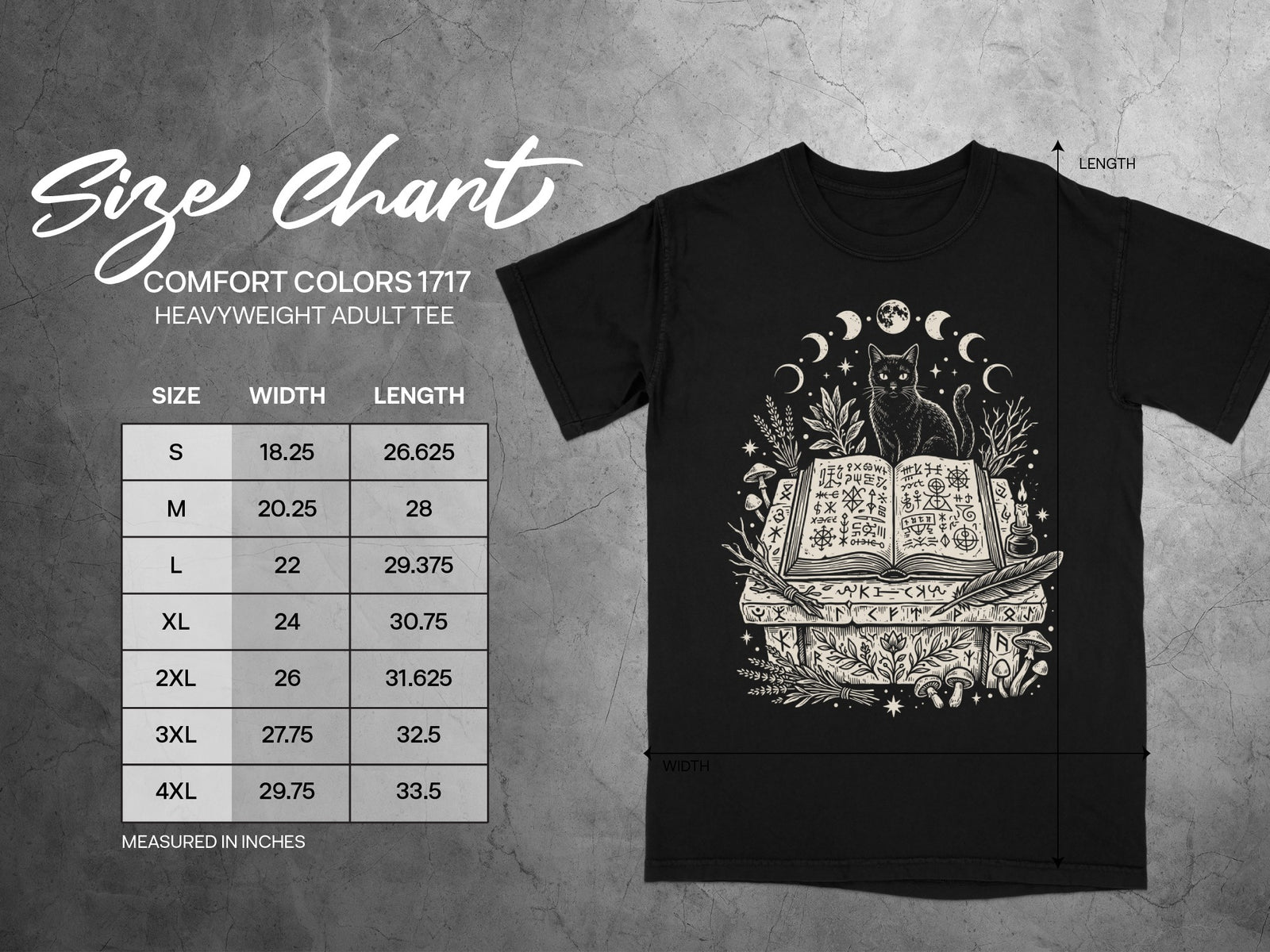 Black t-shirt size chart with black cat and occult symbols on open book design.