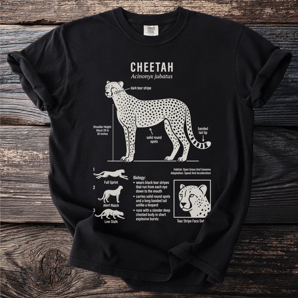 Black t-shirt with diagram and facts about cheetahs, Acinonyx jubatus.