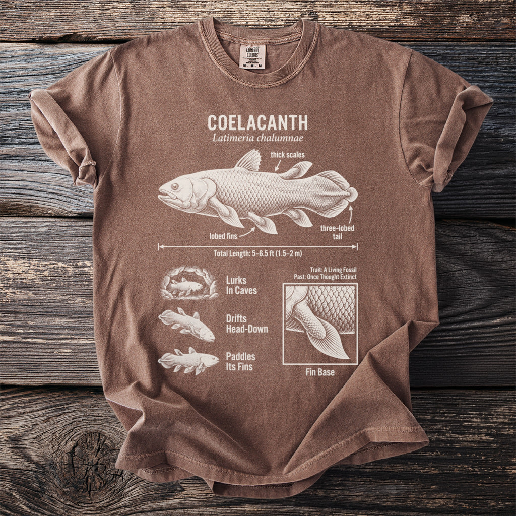 Faded brown t-shirt with a white line drawing of a coelacanth and its anatomical features.