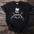 Black t-shirt with a white graphic of a vampire making a heart shape.