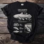 Coelacanth illustration with scientific details and description of traits and habits on black t-shirt.
