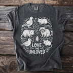 Dark gray t-shirt with white illustration of animals and text "LOVE THE UNLOVED".